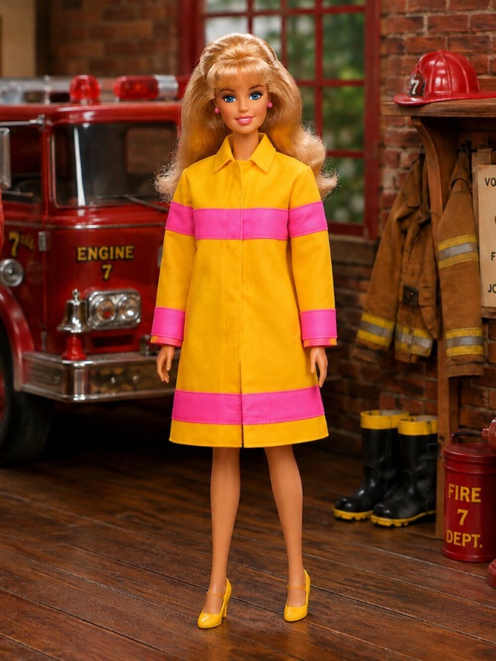 Vintage Barbie Caring Careers Firefighter Jacket Yellow Pink Doll Clothes Mattel